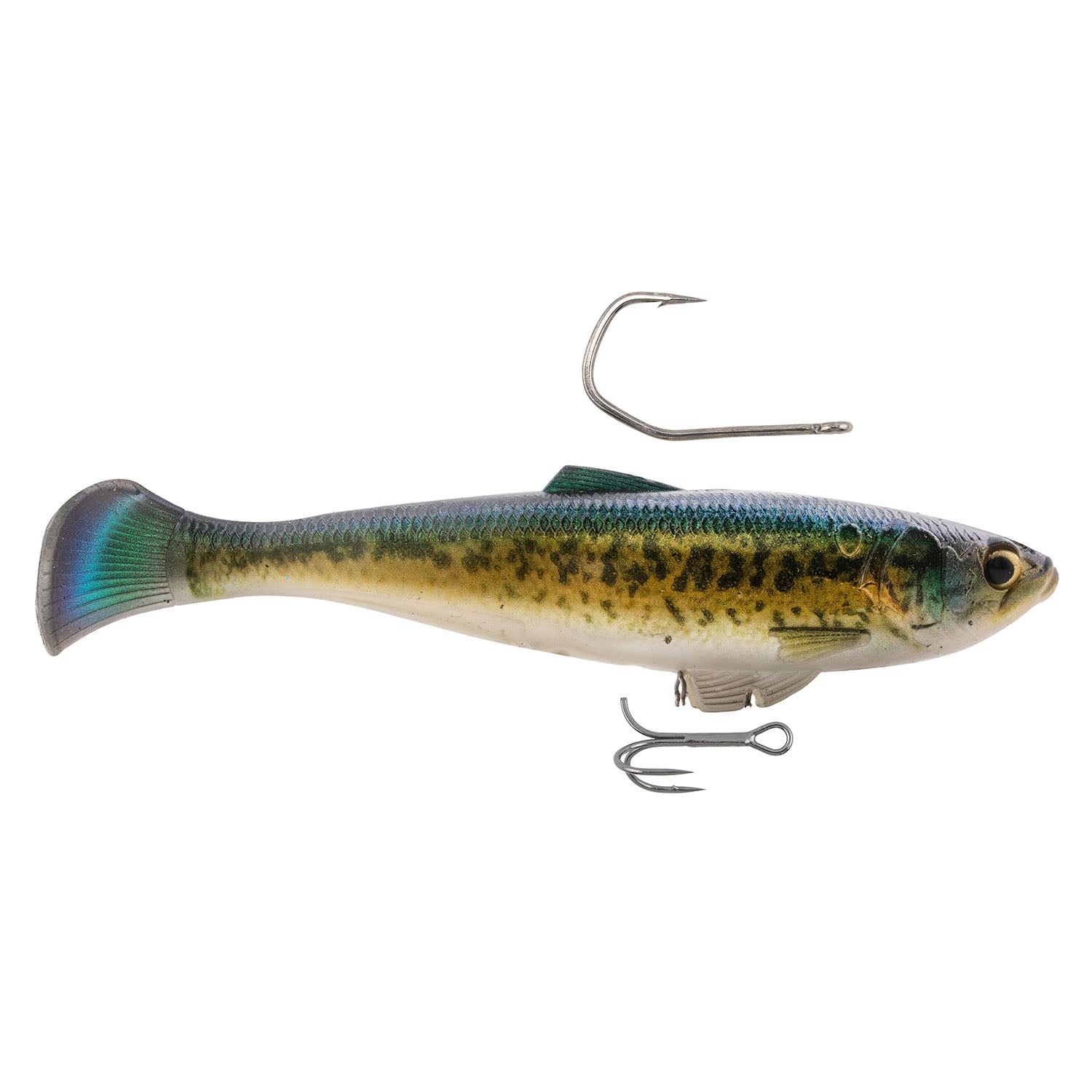 Blue-green shad fishing lure with iridescent back stripe, treble hook and diving lip