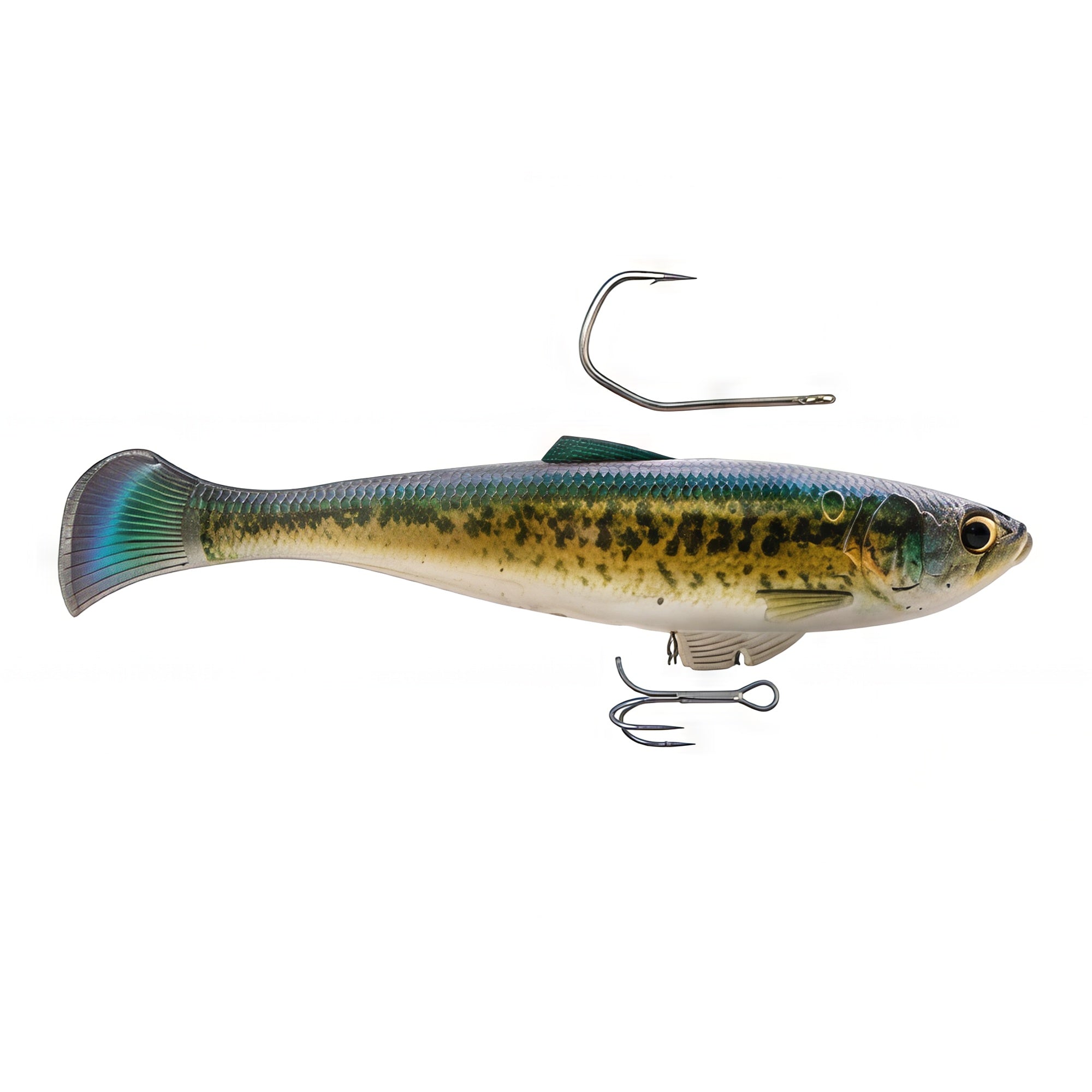 Fishing minnow lure, blue-green back, speckled sides, iridescent fins, treble hooks.