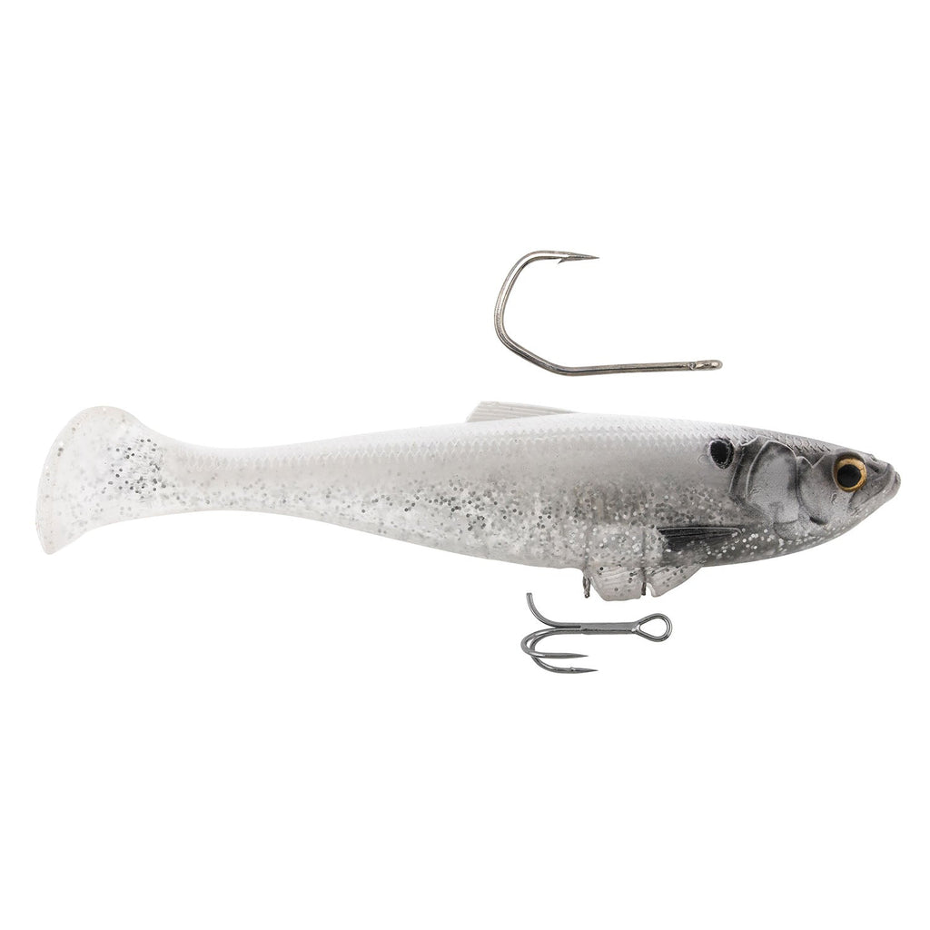 Silver-white shad fishing lure with speckled body, treble hook and diving lip