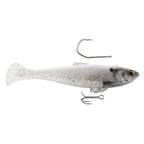 Silver-white shad fishing lure with speckled body, treble hook and diving lip