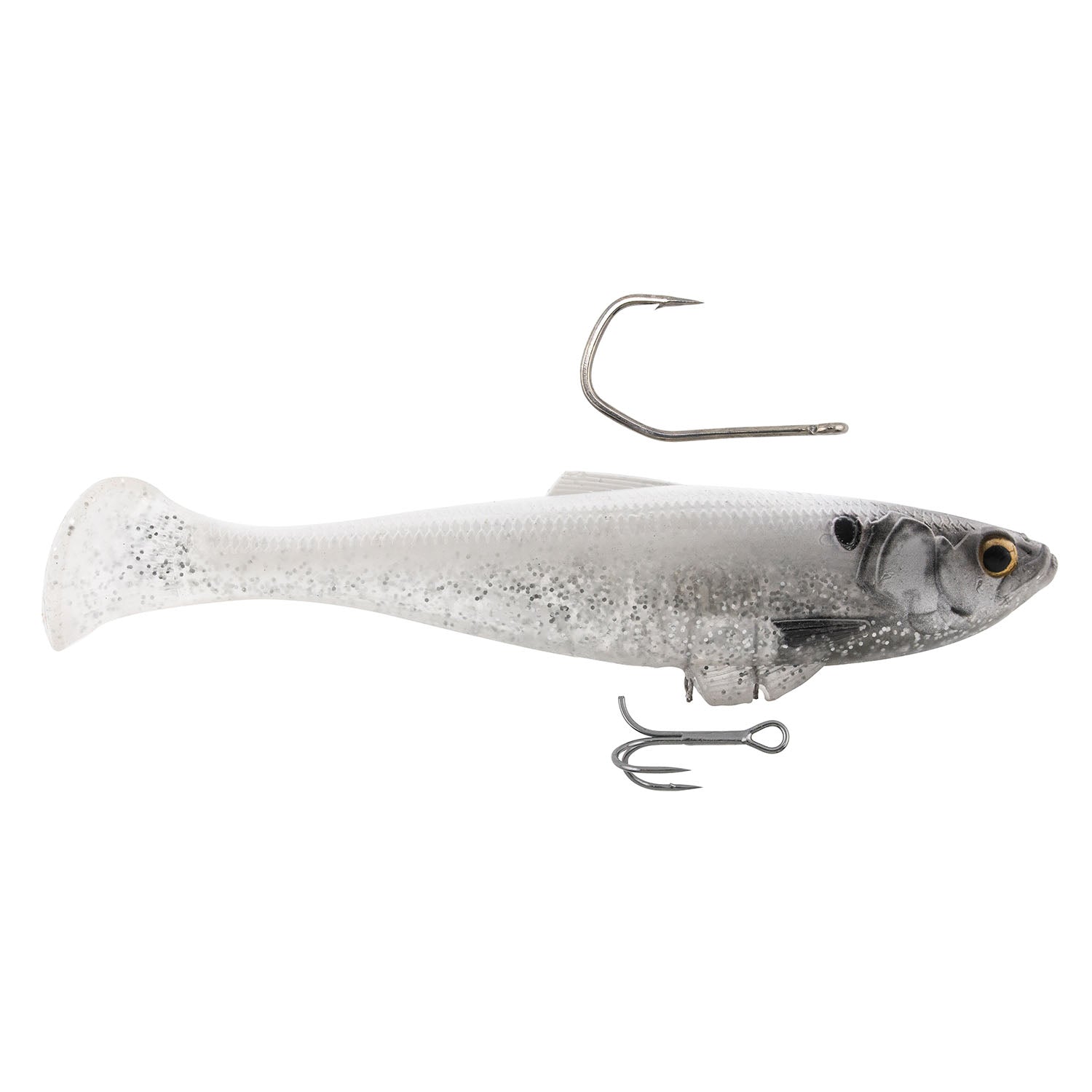 Silver-white shad fishing lure with speckled body, treble hook and diving lip