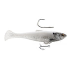 Fishing minnow lure, white shad color with gray speckles, dark eye, treble hooks.