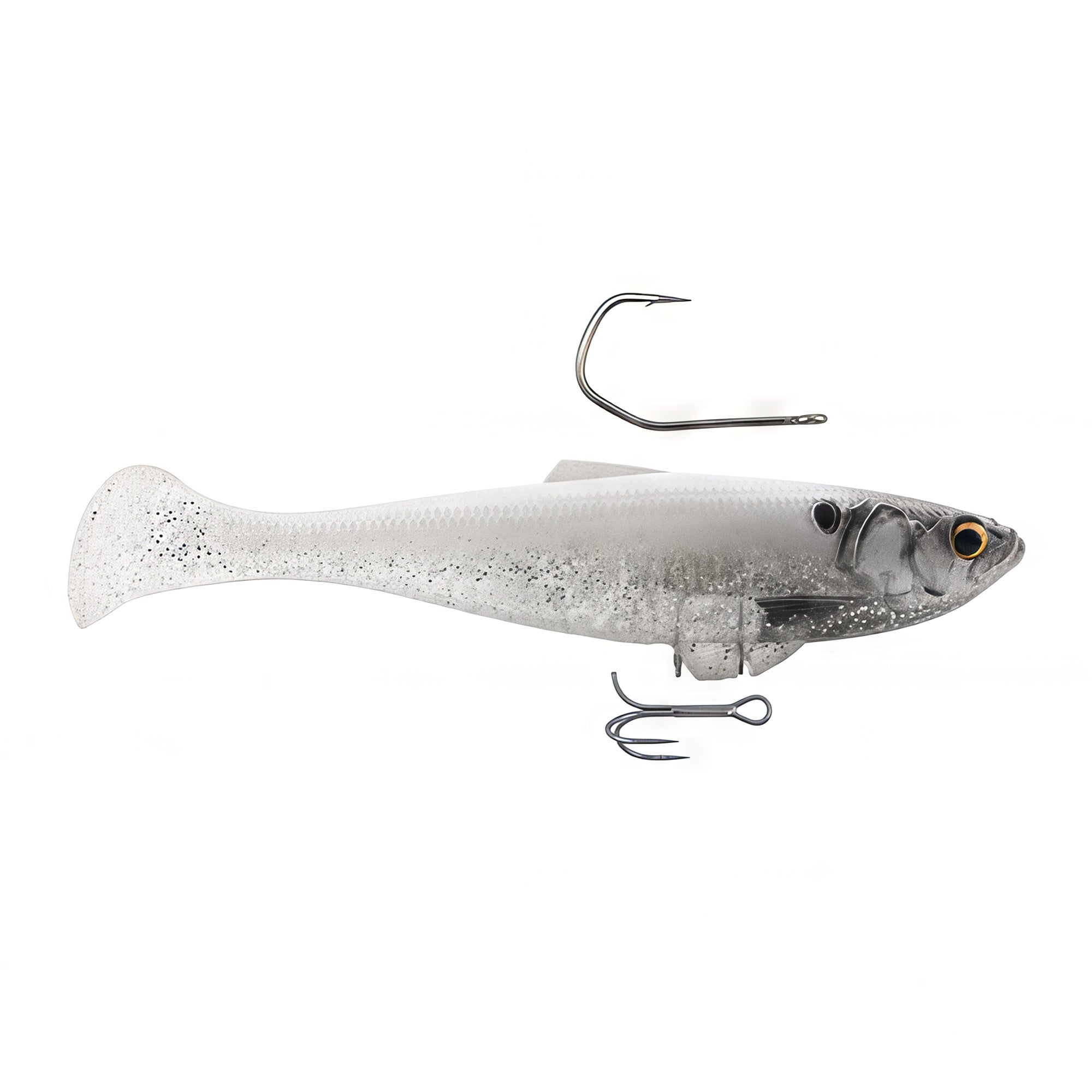 Fishing minnow lure, white shad color with gray speckles, dark eye, treble hooks.