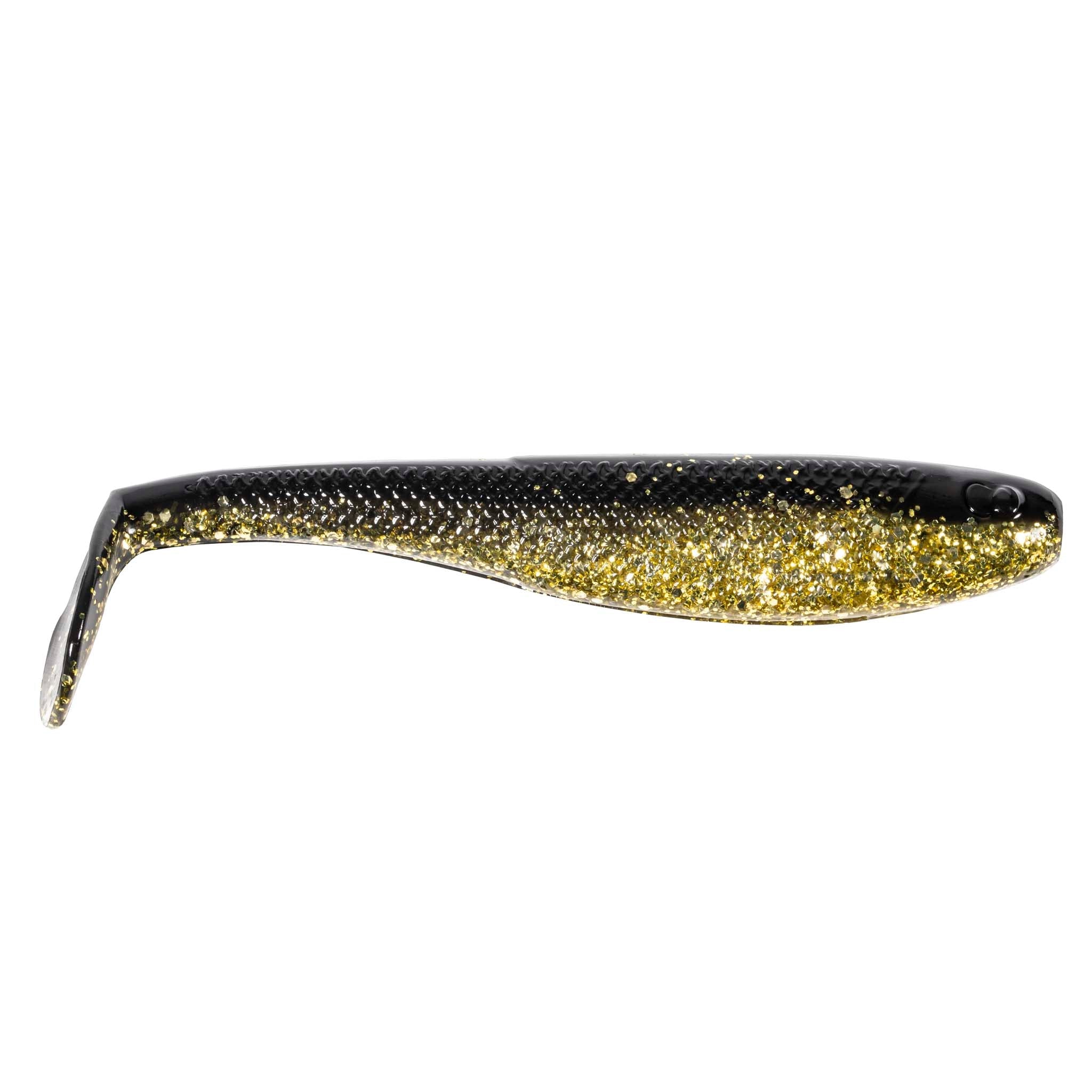 Soft plastic swimbait with paddle tail, black back with gold glitter finish