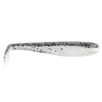 Soft plastic swimbait with paddle tail, white body with black speckles