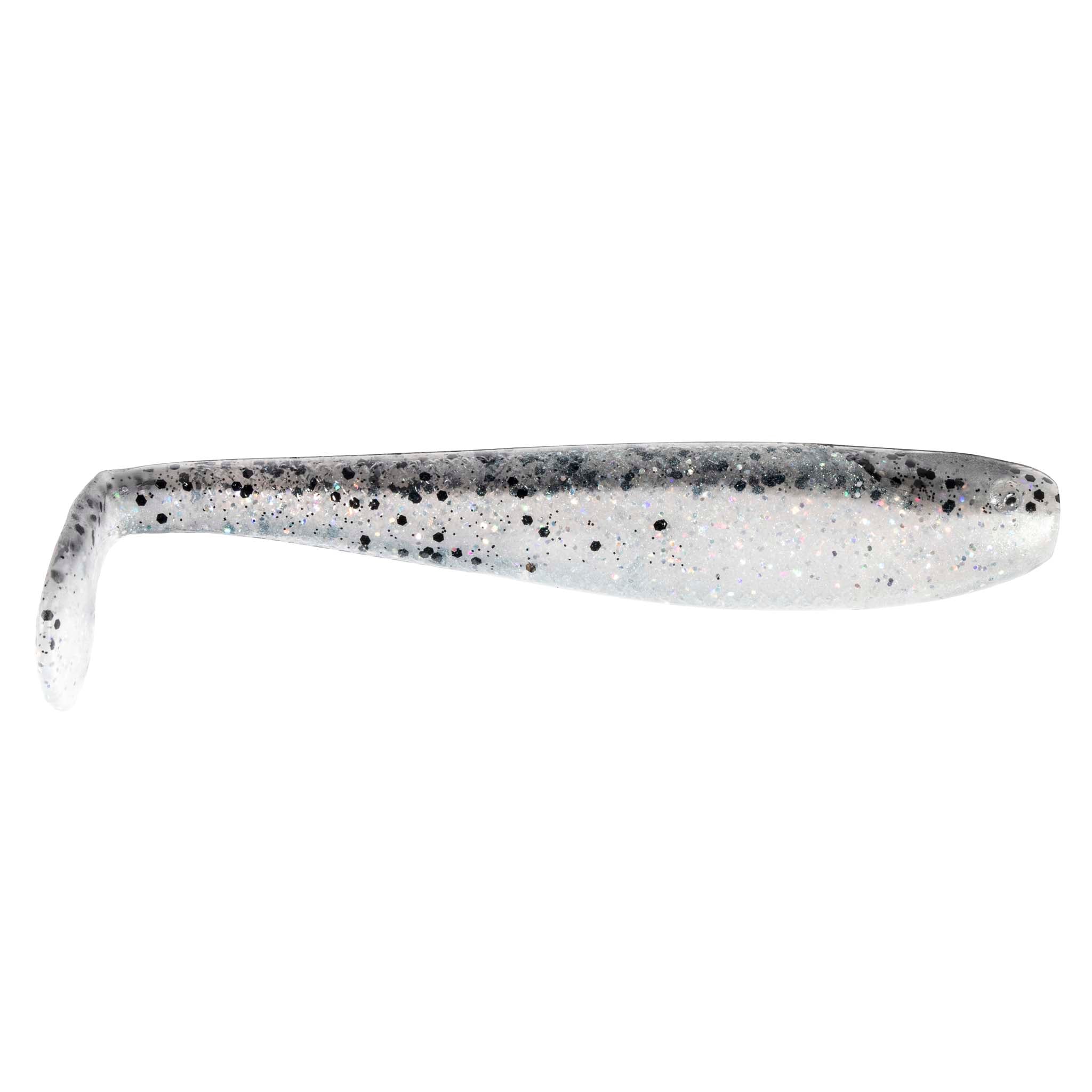 Soft plastic swimbait with paddle tail, white body with black speckles