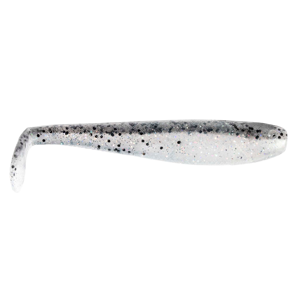 SwimmerZ soft plastic swimbait lure in white with black speckles and curved paddle tail