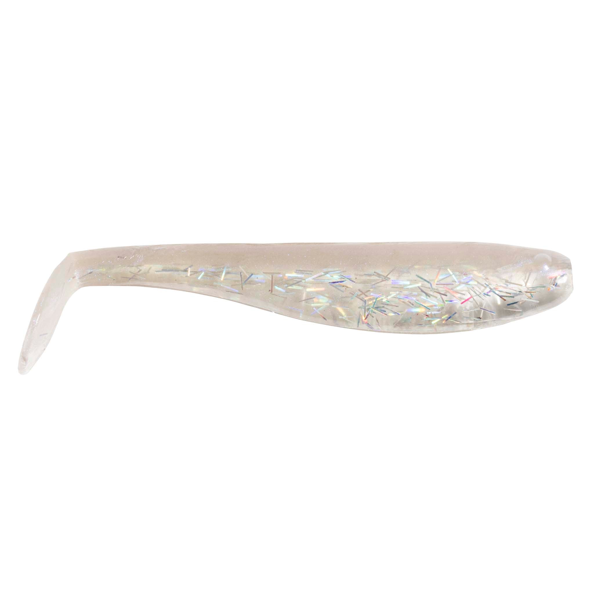 Soft plastic swimbait with paddle tail, translucent pearl with holographic iridescence