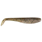 Soft plastic swimbait with paddle tail, brown-gold mottled glitter pattern