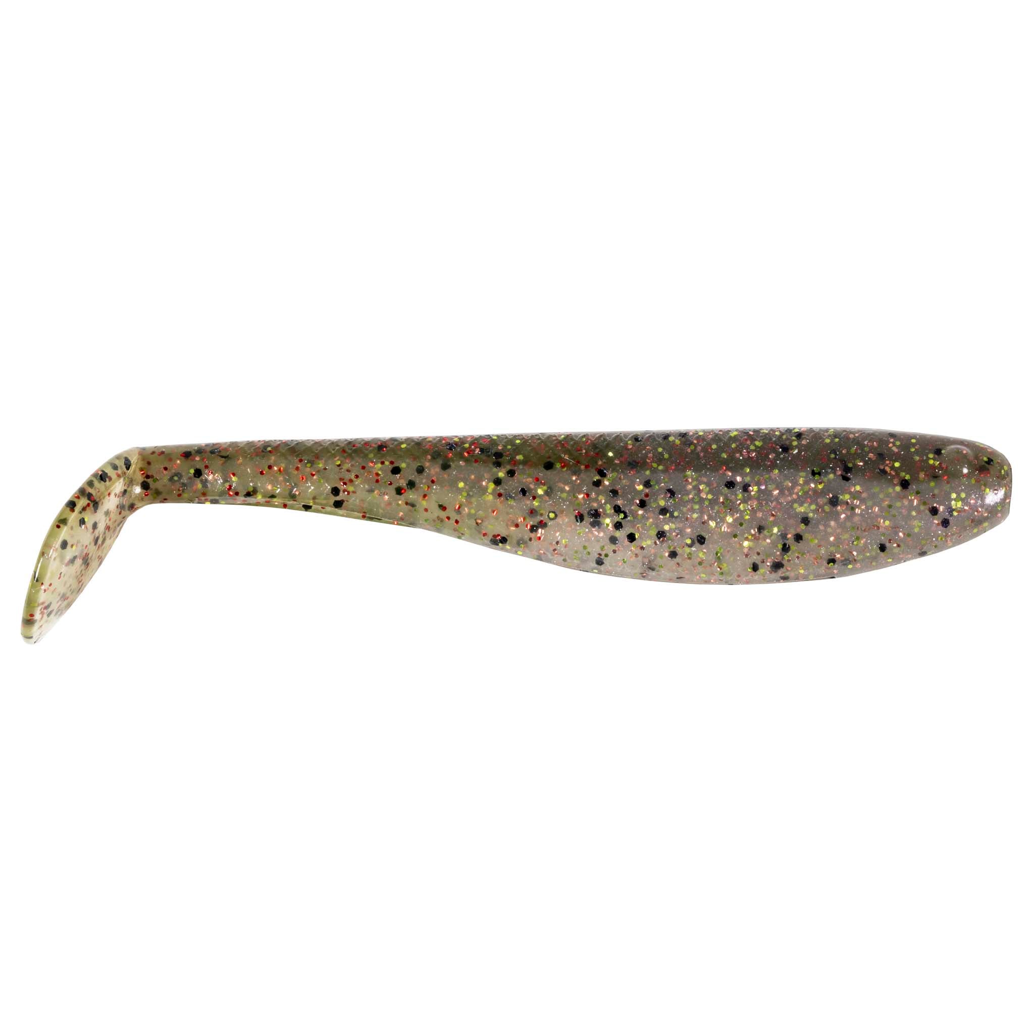 Soft plastic swimbait with paddle tail, brown-gold mottled glitter pattern