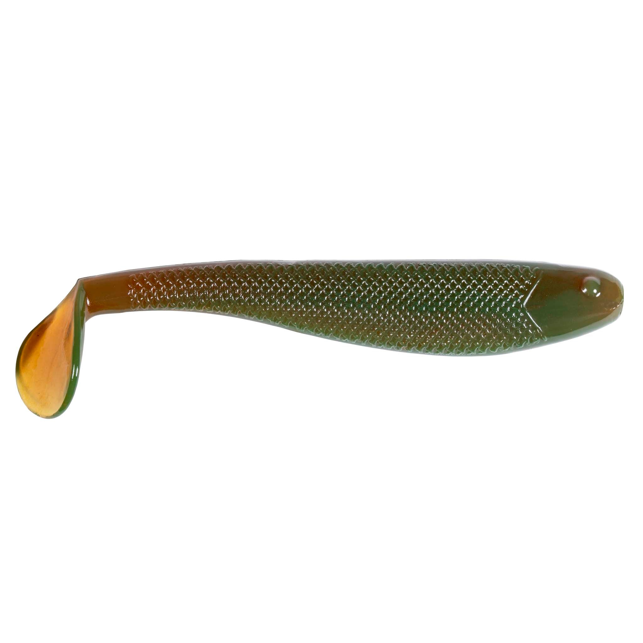 SwimmerZ soft plastic swimbait lure in olive green with speckled texture and orange tail