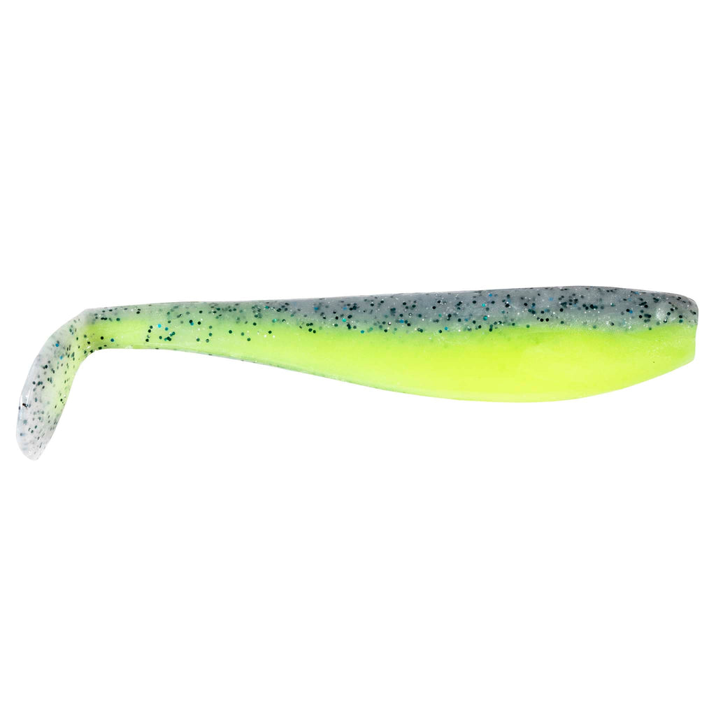 SwimmerZ soft plastic swimbait lure in chartreuse with purple-gray speckles and curled tail