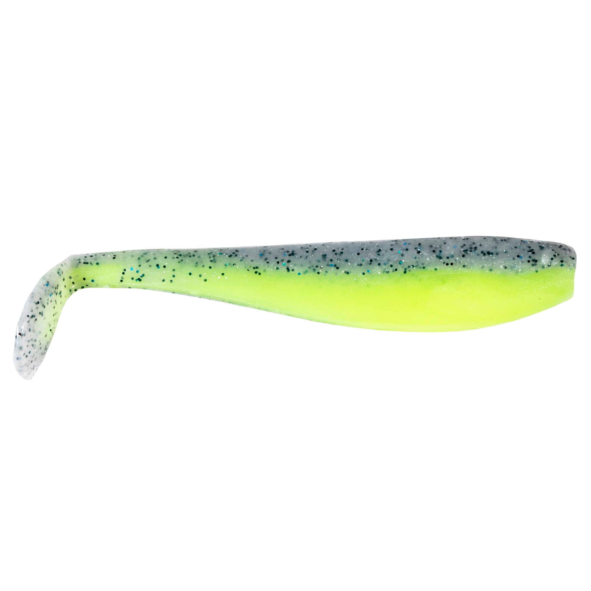 SwimmerZ soft plastic swimbait lure in chartreuse with purple-gray speckles and curled tail