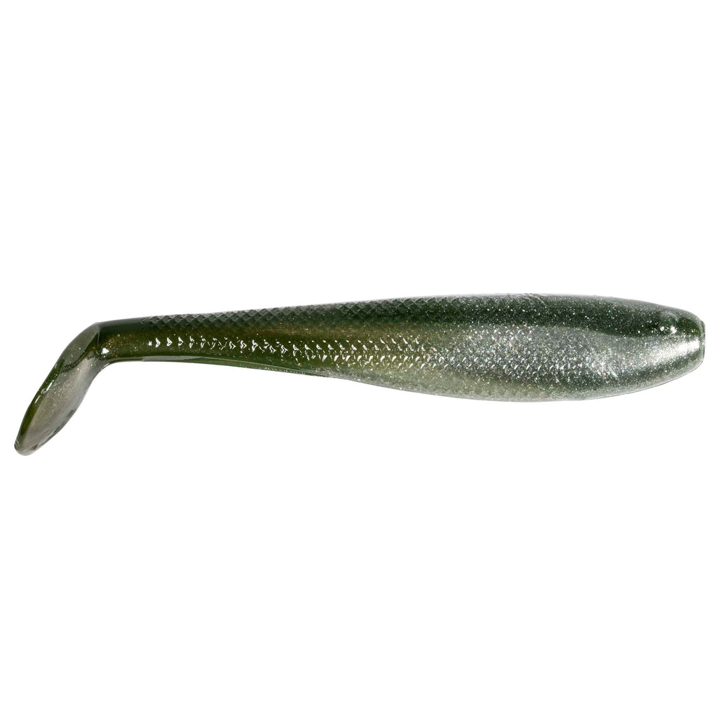 Soft plastic swimbait with paddle tail, olive green body with fine sparkle