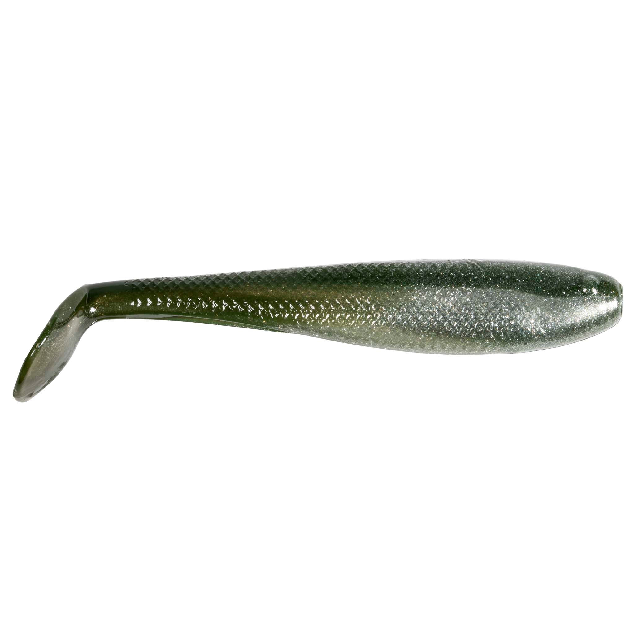 Soft plastic swimbait with paddle tail, olive green body with fine sparkle