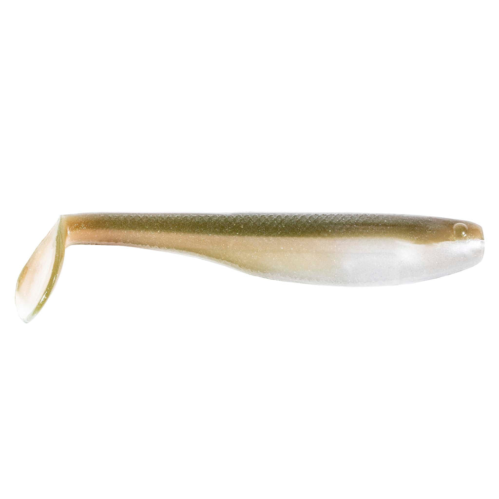 SwimmerZ soft plastic swimbait lure in gold and white, translucent body with curled tail