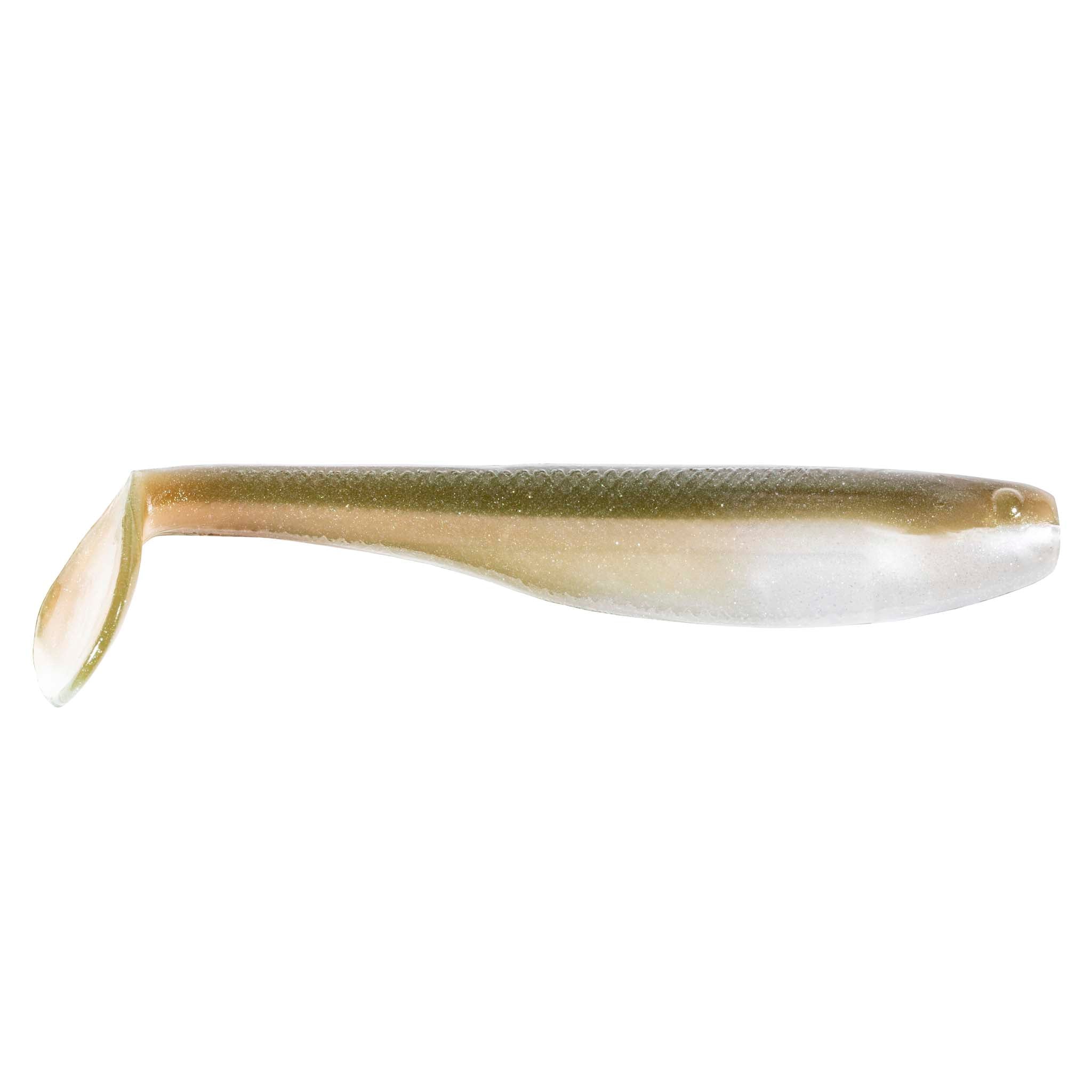 SwimmerZ soft plastic swimbait lure in gold and white, translucent body with curled tail