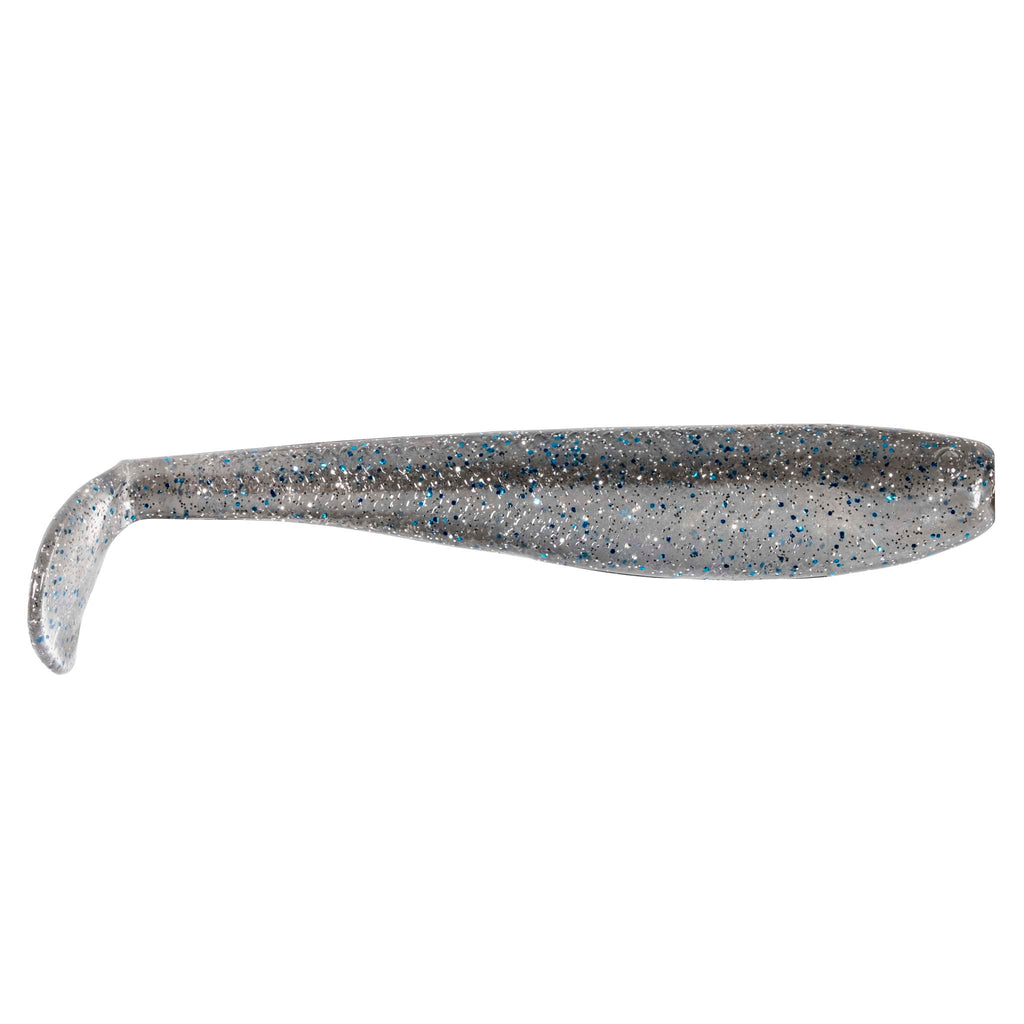 SwimmerZ soft plastic swimbait lure in silver-gray with blue speckles and curved tail