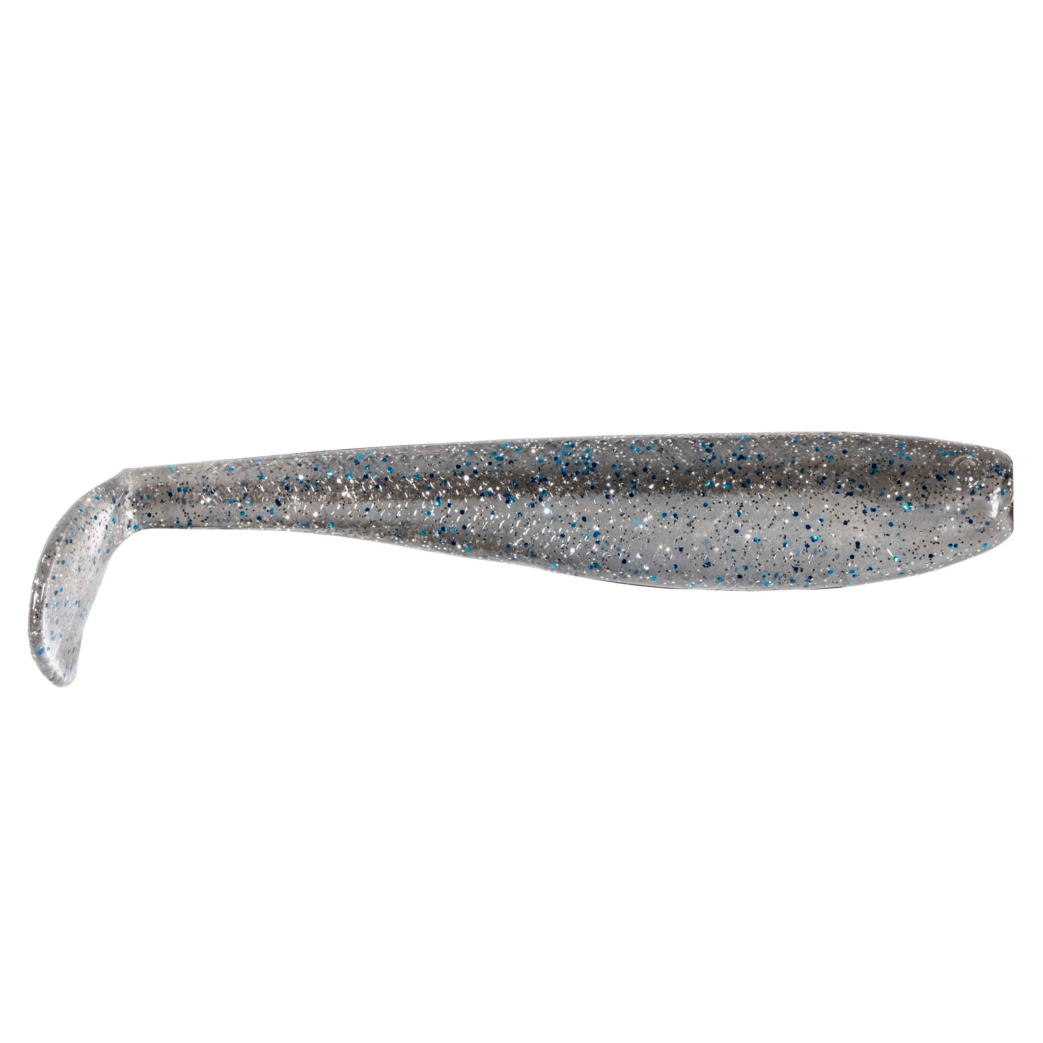 SwimmerZ soft plastic swimbait lure in silver-gray with blue speckles and curved tail