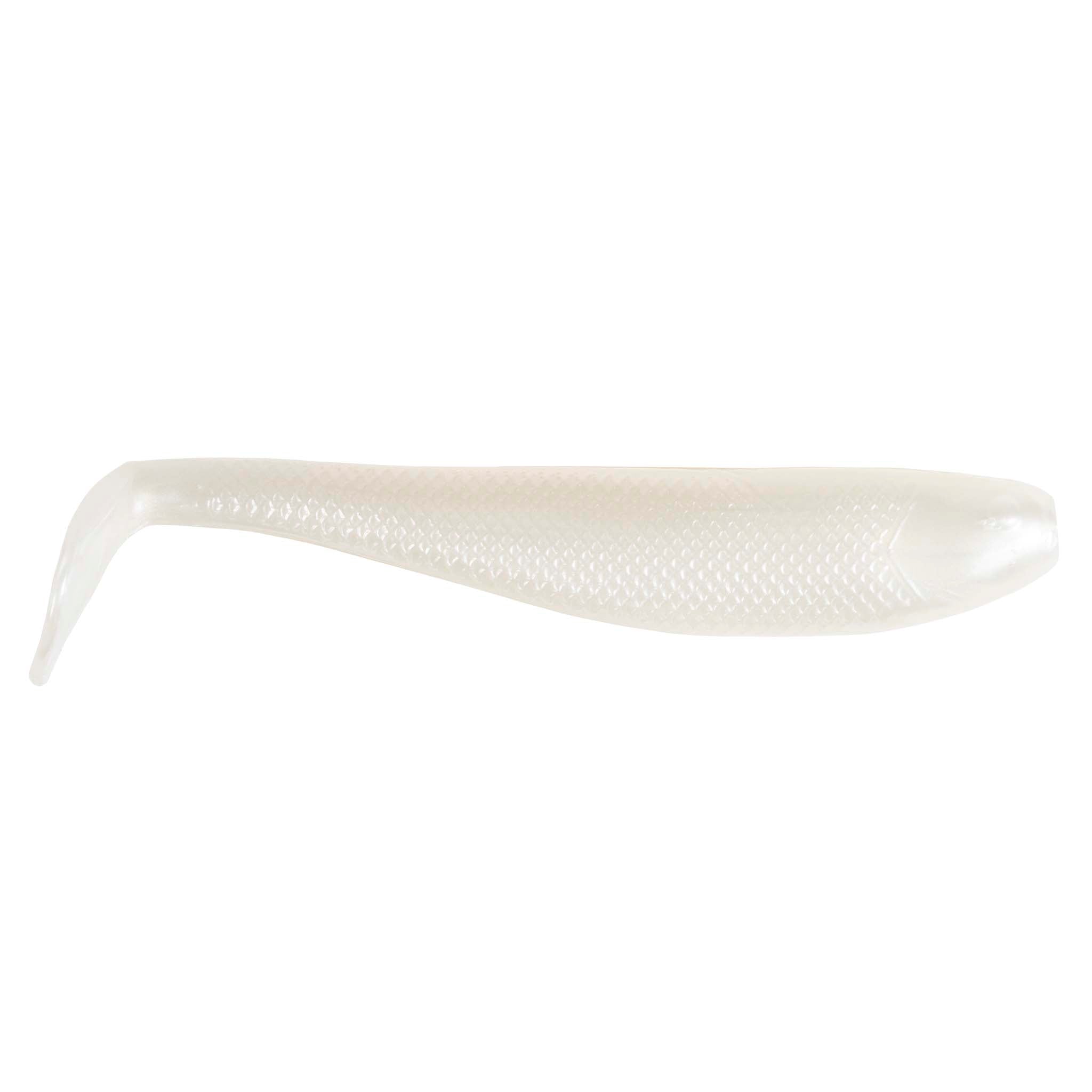 SwimmerZ soft plastic swimbait lure in white pearl, translucent body with tapered tail