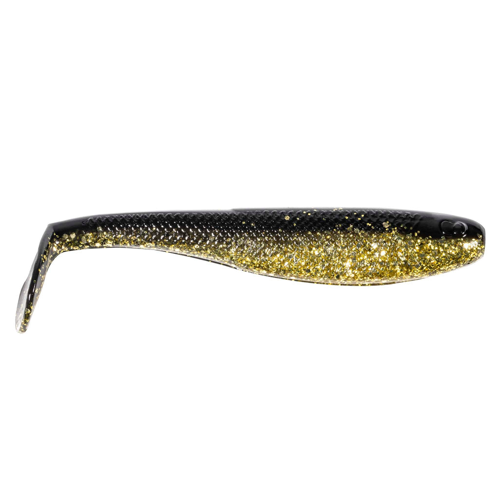 SwimmerZ soft plastic swimbait lure in black and gold glitter with small round eyes