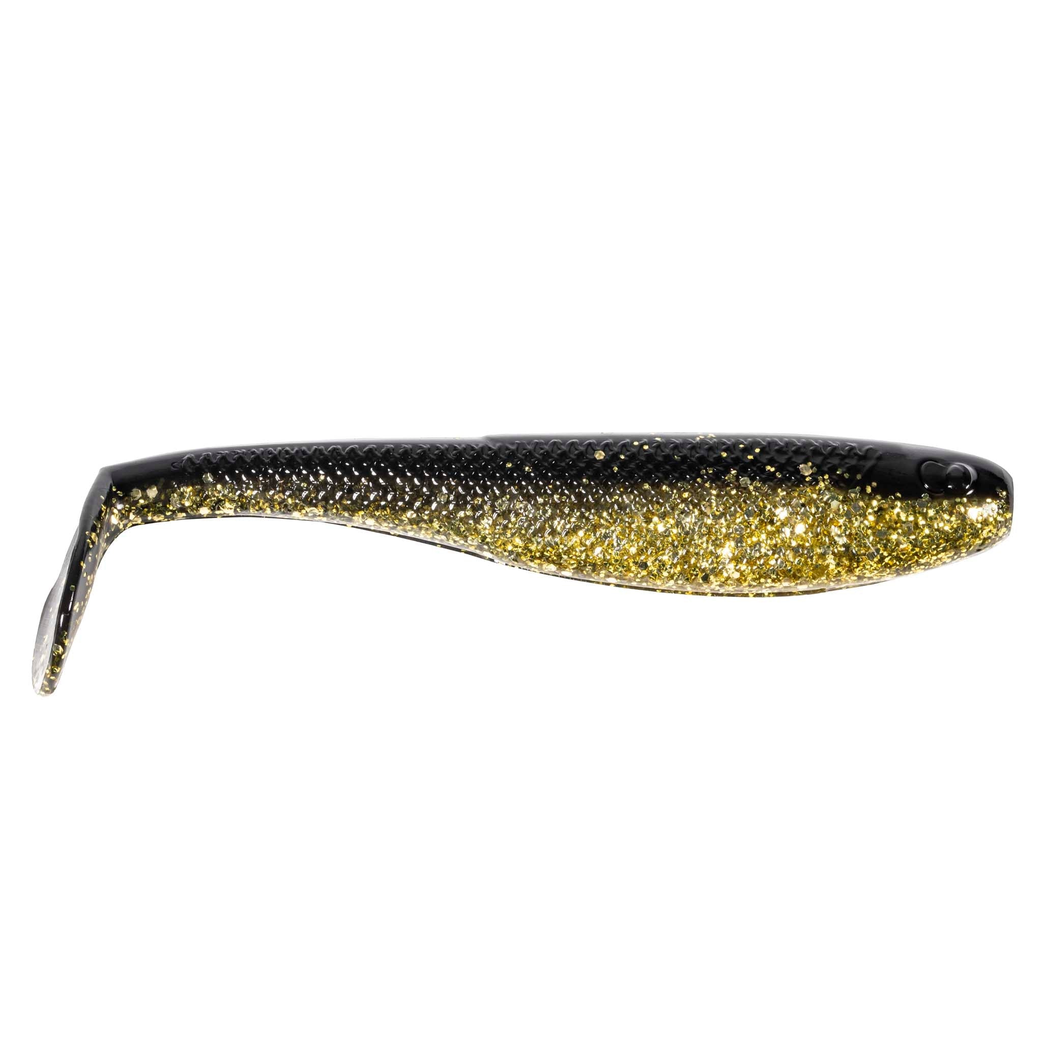 SwimmerZ soft plastic swimbait lure in black and gold glitter with small round eyes