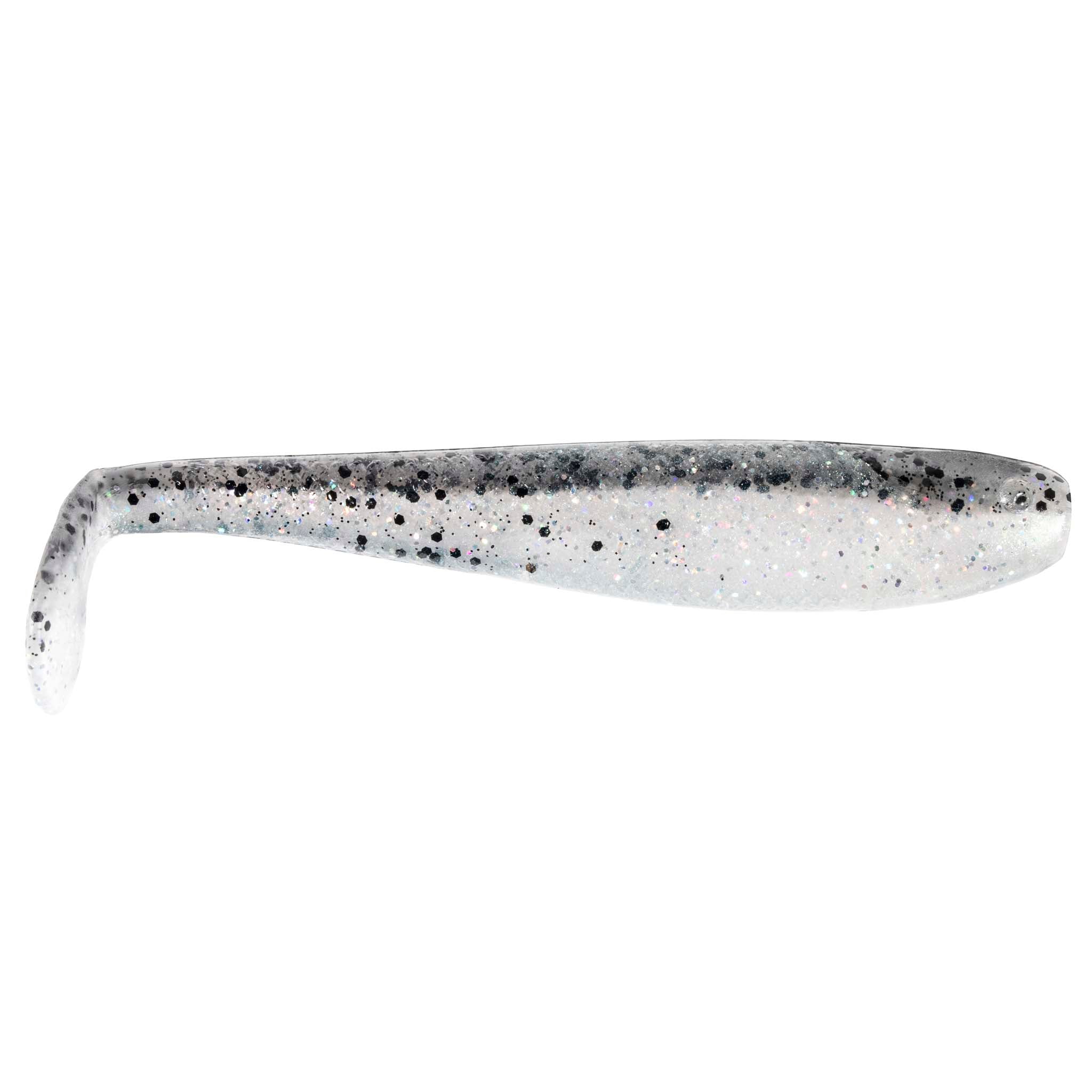 SwimmerZ soft plastic swimbait lure in white with gray speckles and curved paddle tail