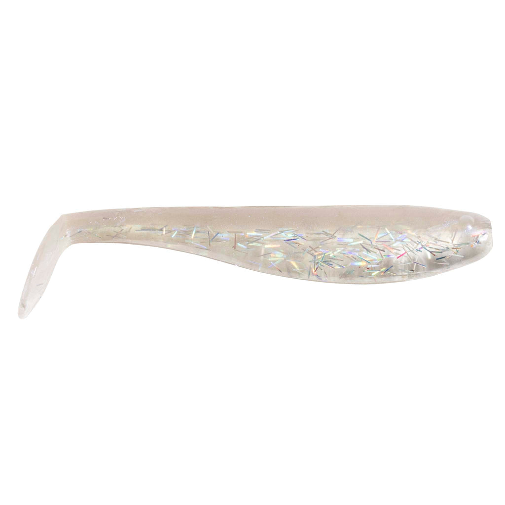 Pearly iridescent soft fishing lure with paddle tail, white holographic flecks