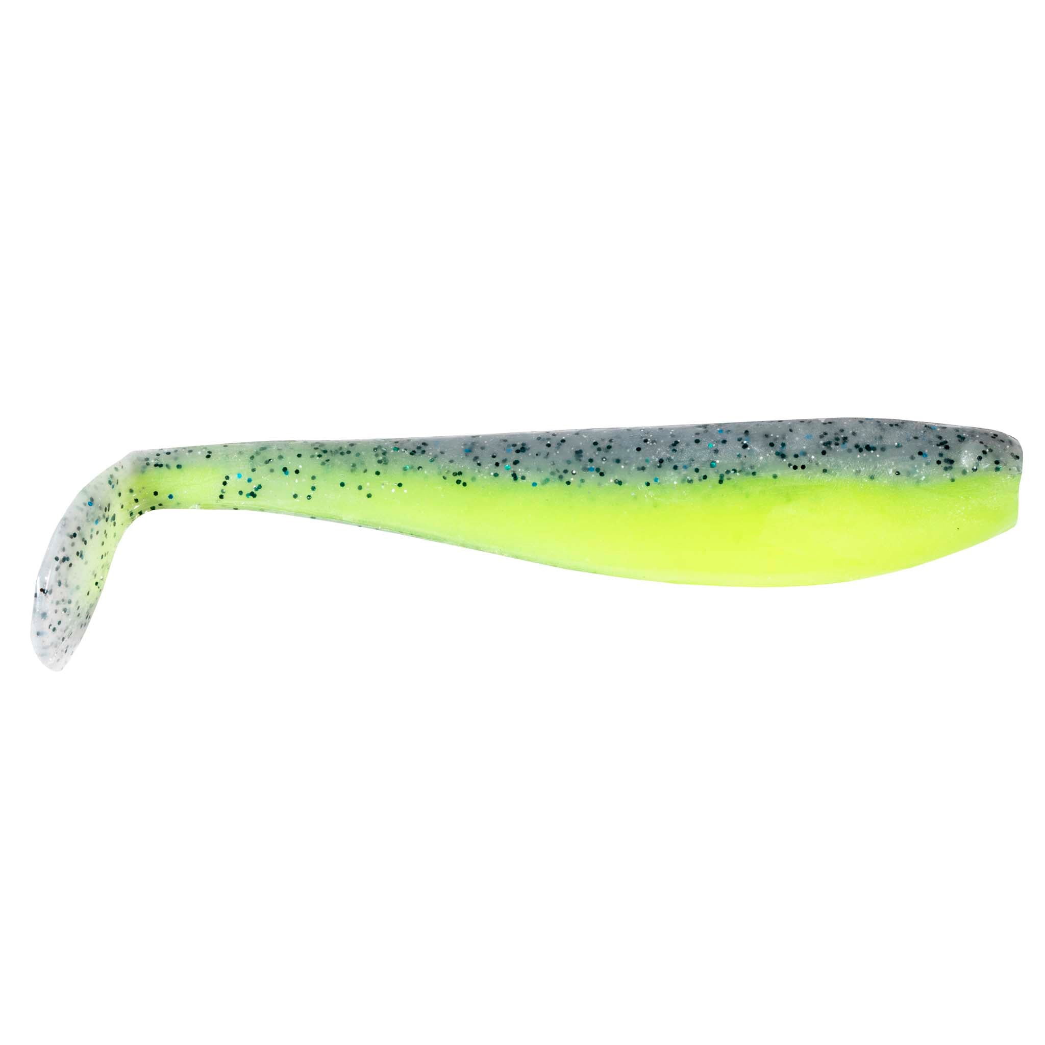 Soft plastic swimbait with paddle tail, neon chartreuse and green speckled back