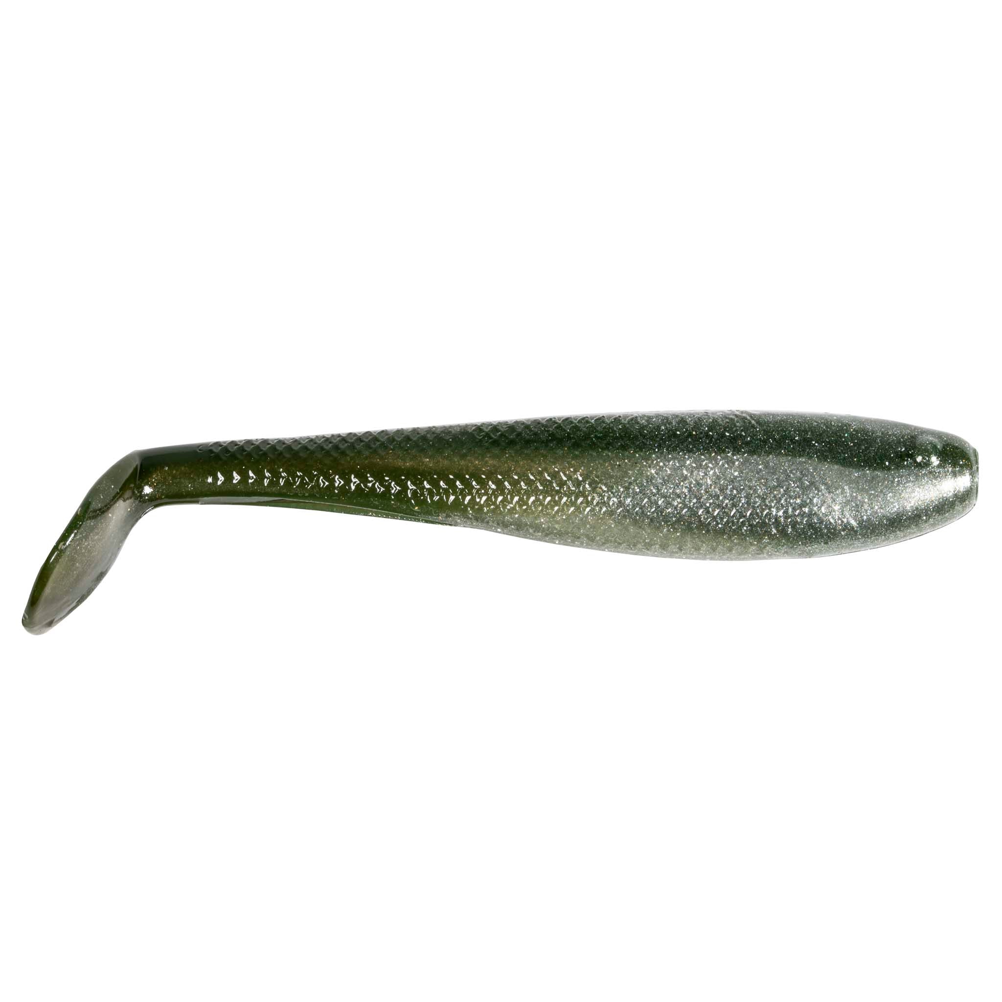 Green glitter soft fishing lure with paddle tail and dark olive body