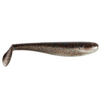 Soft plastic swimbait with paddle tail, dark brown and gold glitter speckles