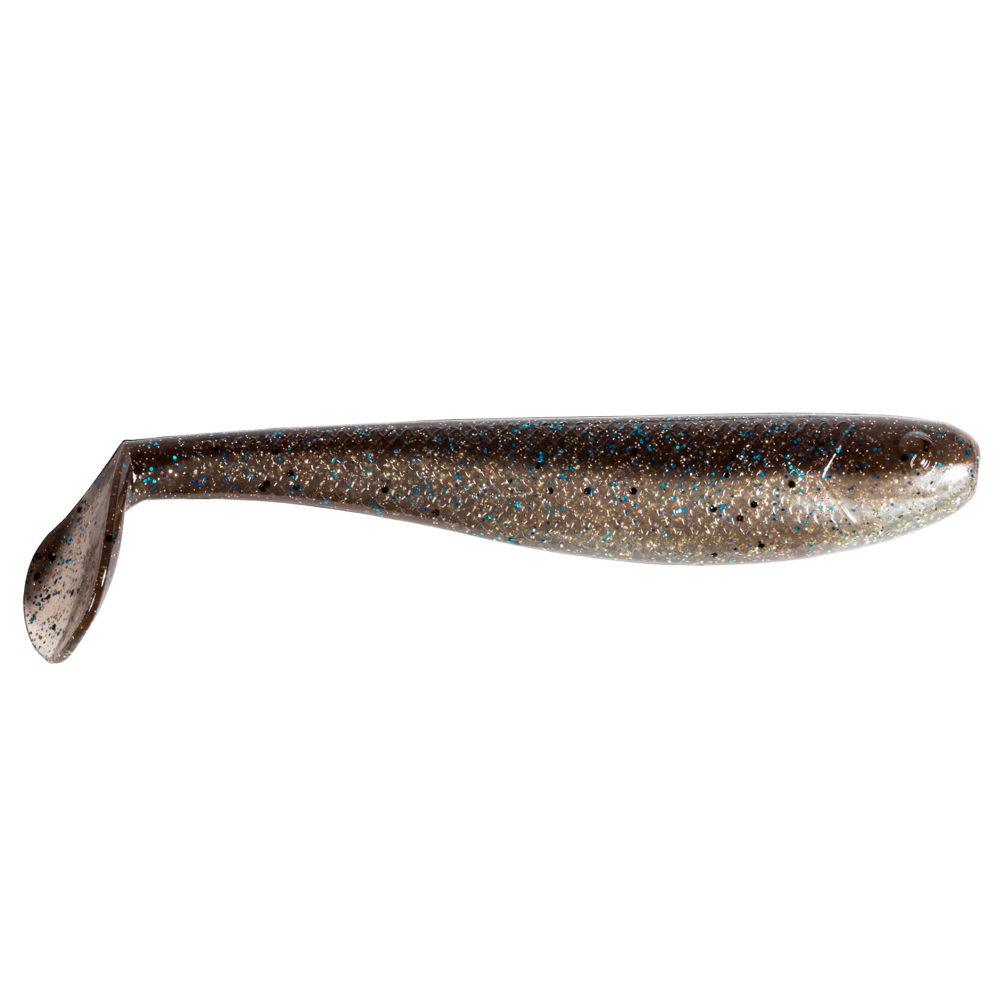 Soft plastic swimbait with paddle tail, dark brown and gold glitter speckles