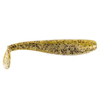 Gold glitter soft fishing lure with black speckles and paddle tail
