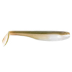 Soft plastic swimbait with paddle tail, gold body and clear white belly