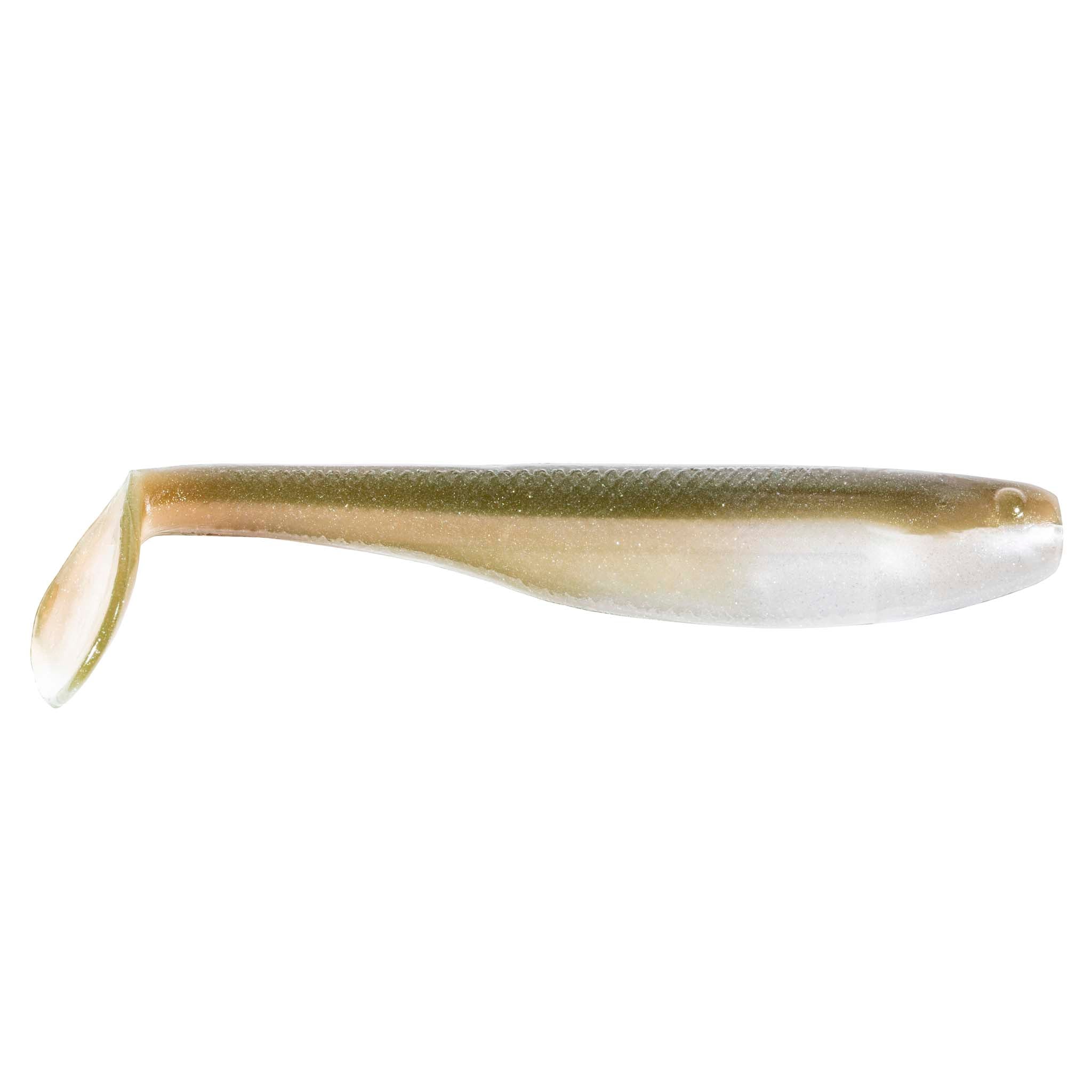 Soft plastic swimbait with paddle tail, gold body and clear white belly