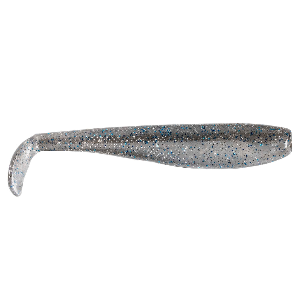 Silver-gray glitter soft fishing lure with blue speckled paddle tail