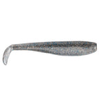 Silver-gray glitter soft fishing lure with blue speckled paddle tail