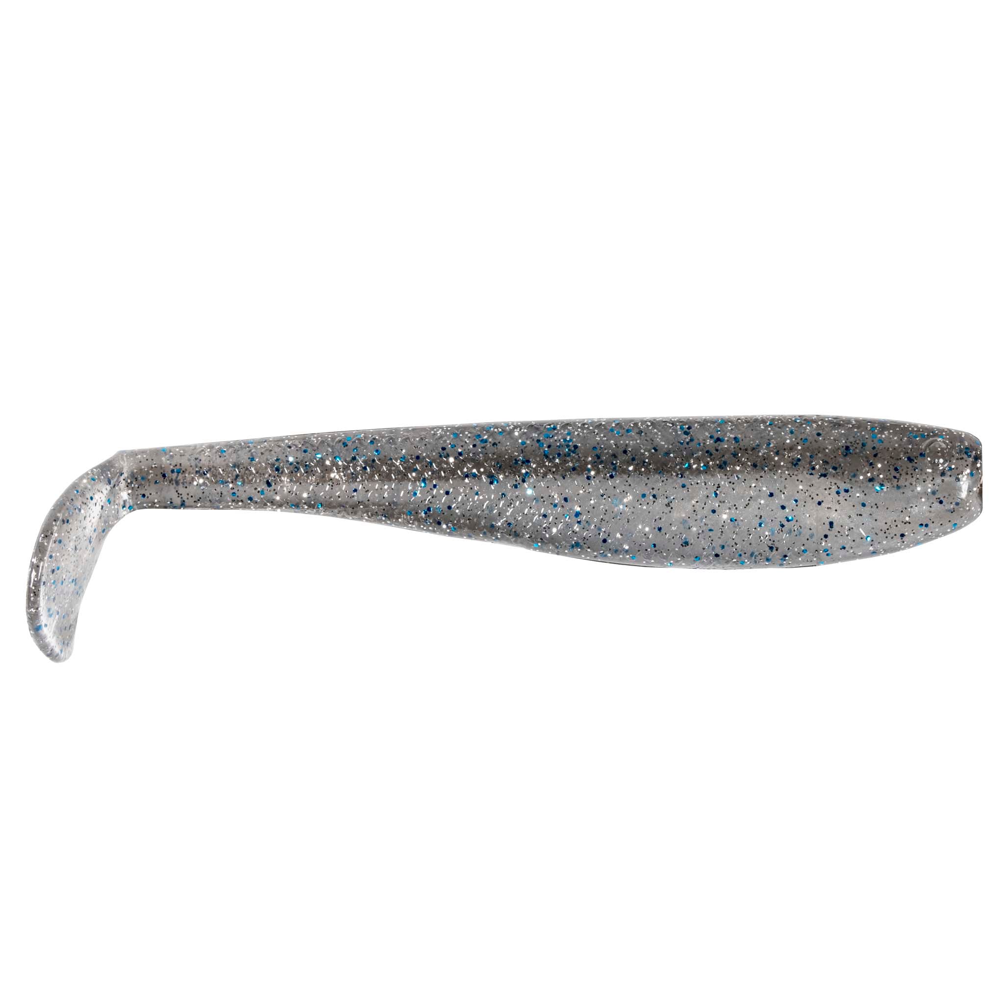 Silver-gray glitter soft fishing lure with blue speckled paddle tail