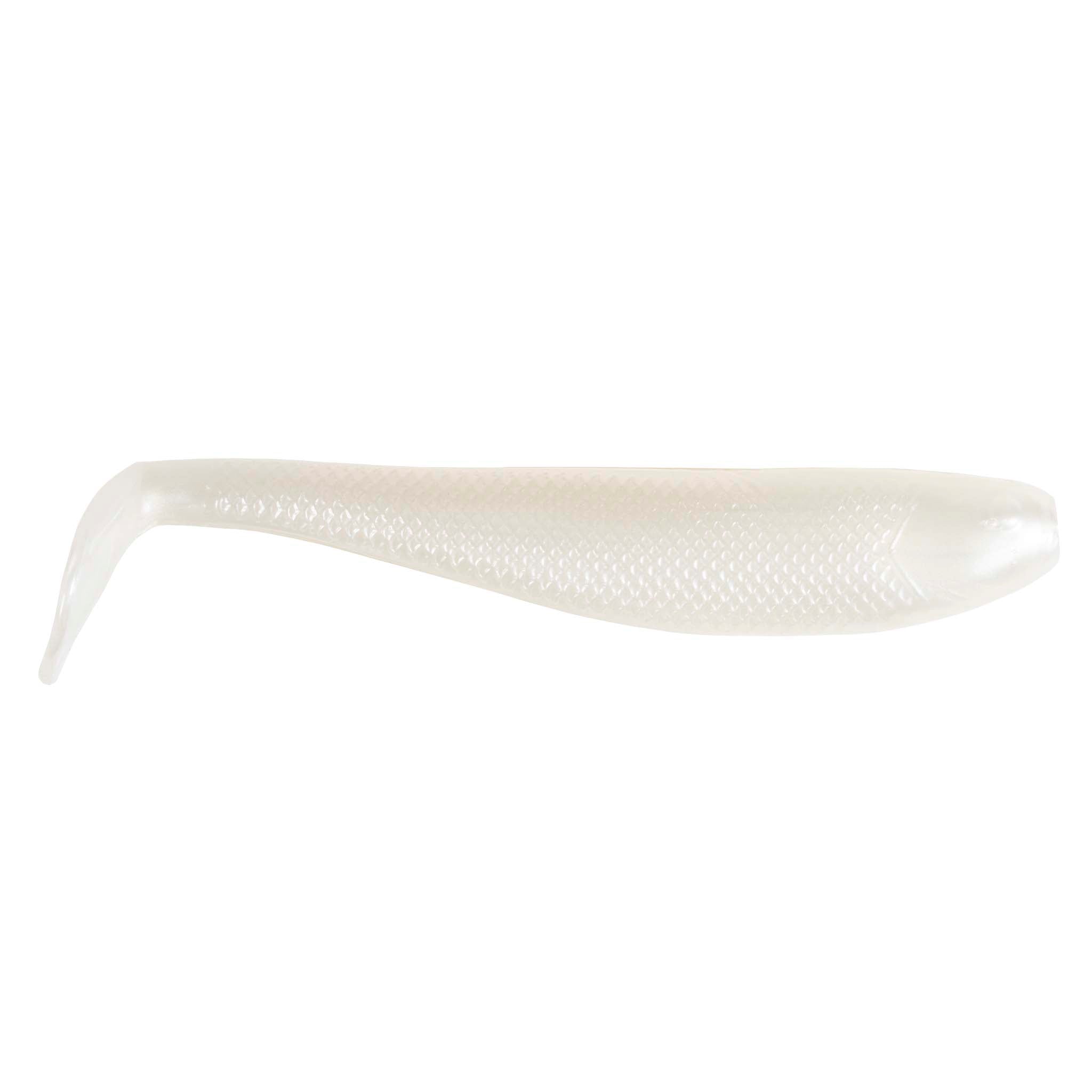 Translucent white soft fishing lure with paddle tail and subtle texture