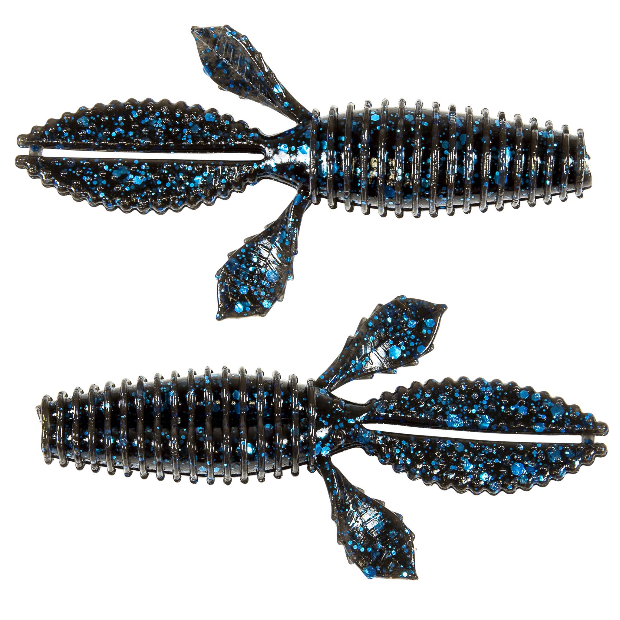 Blue glitter speckled ribbed soft plastic worm baits with fin-like tail, two pieces