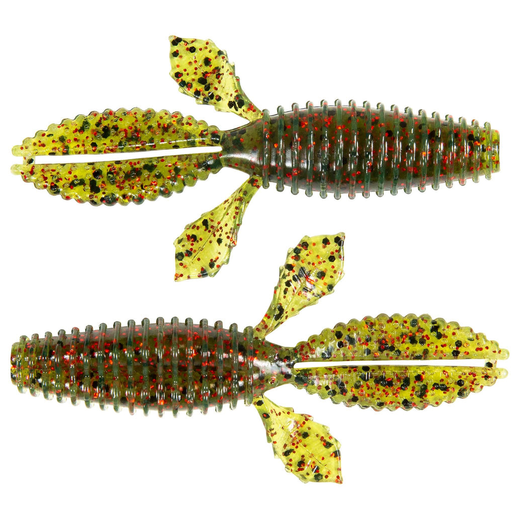 Yellow-green speckled and silver-red flecked ribbed soft plastic worm baits, two pieces