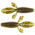 Yellow-green speckled and silver-red flecked ribbed soft plastic worm baits, two pieces