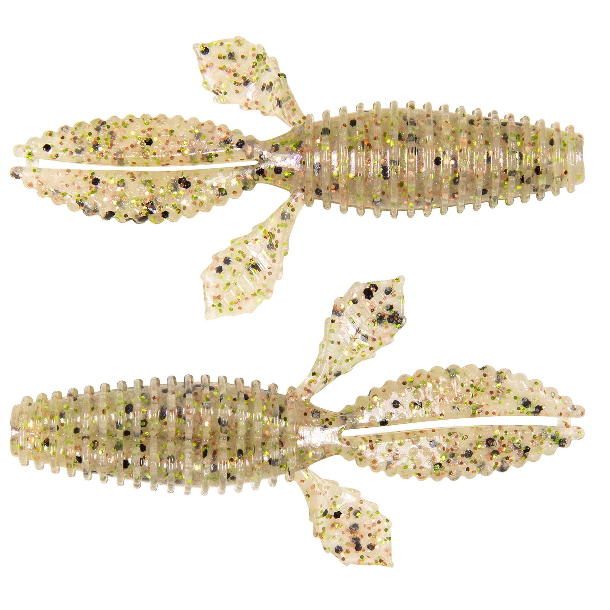 Clear pearl with gold glitter speckled ribbed soft plastic worm baits with fin tail, two