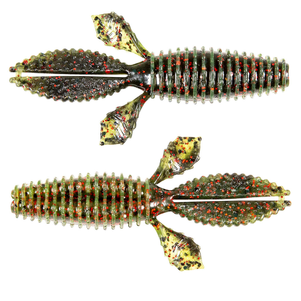 Dark olive speckled and red flecked ribbed soft plastic worm baits with fin tail, two