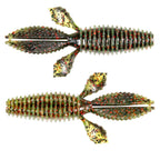Dark olive speckled and red flecked ribbed soft plastic worm baits with fin tail, two