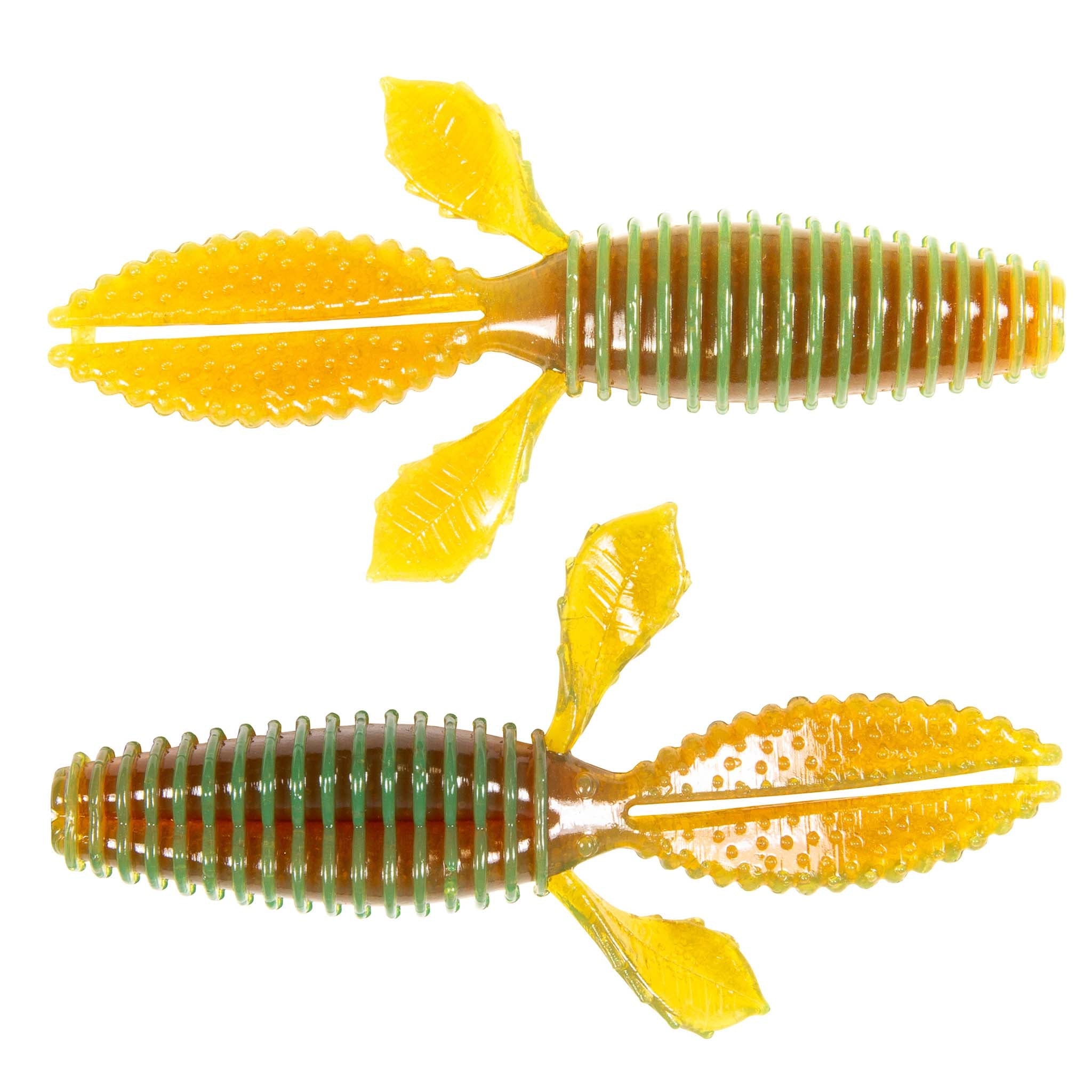 Bright yellow ribbed soft plastic worm baits with fin-like tail, two pieces
