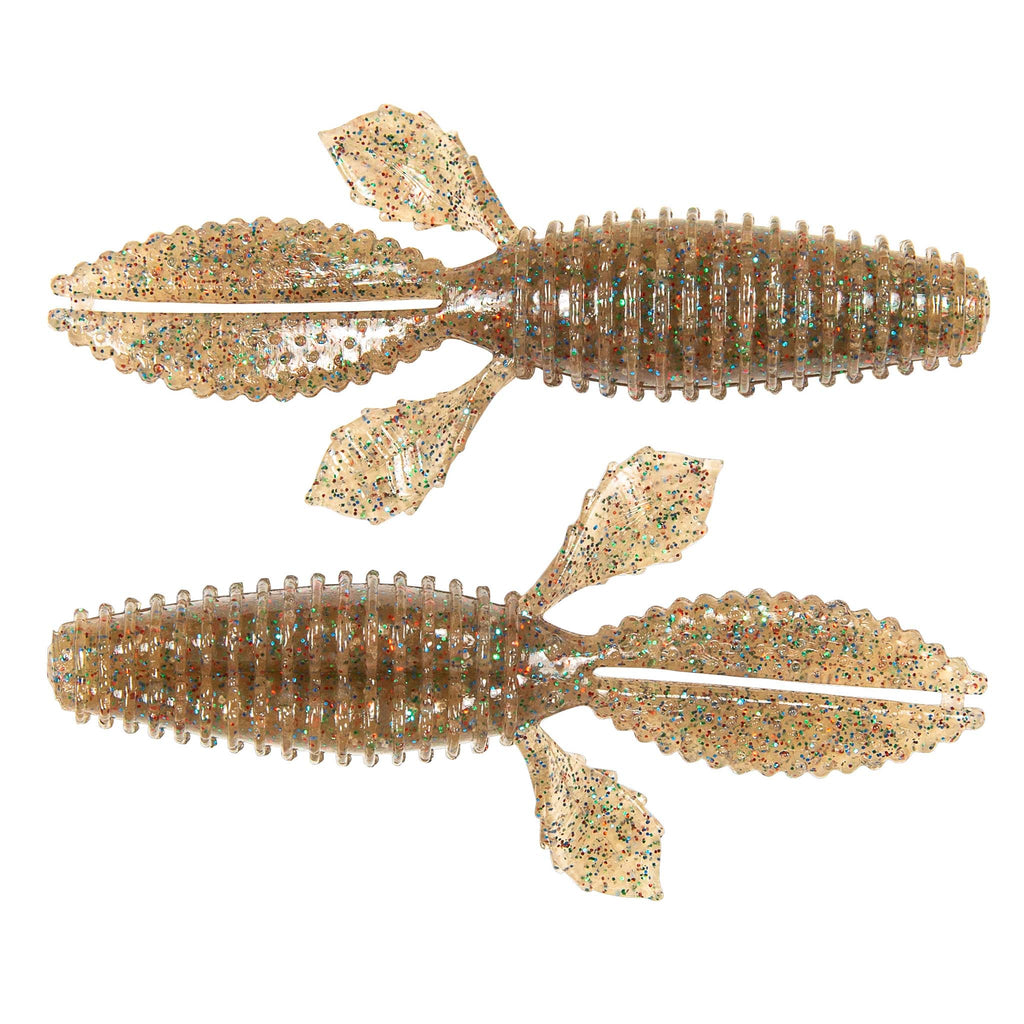 Tan-gold glitter speckled ribbed soft plastic worm baits with fin-like tail, two pieces