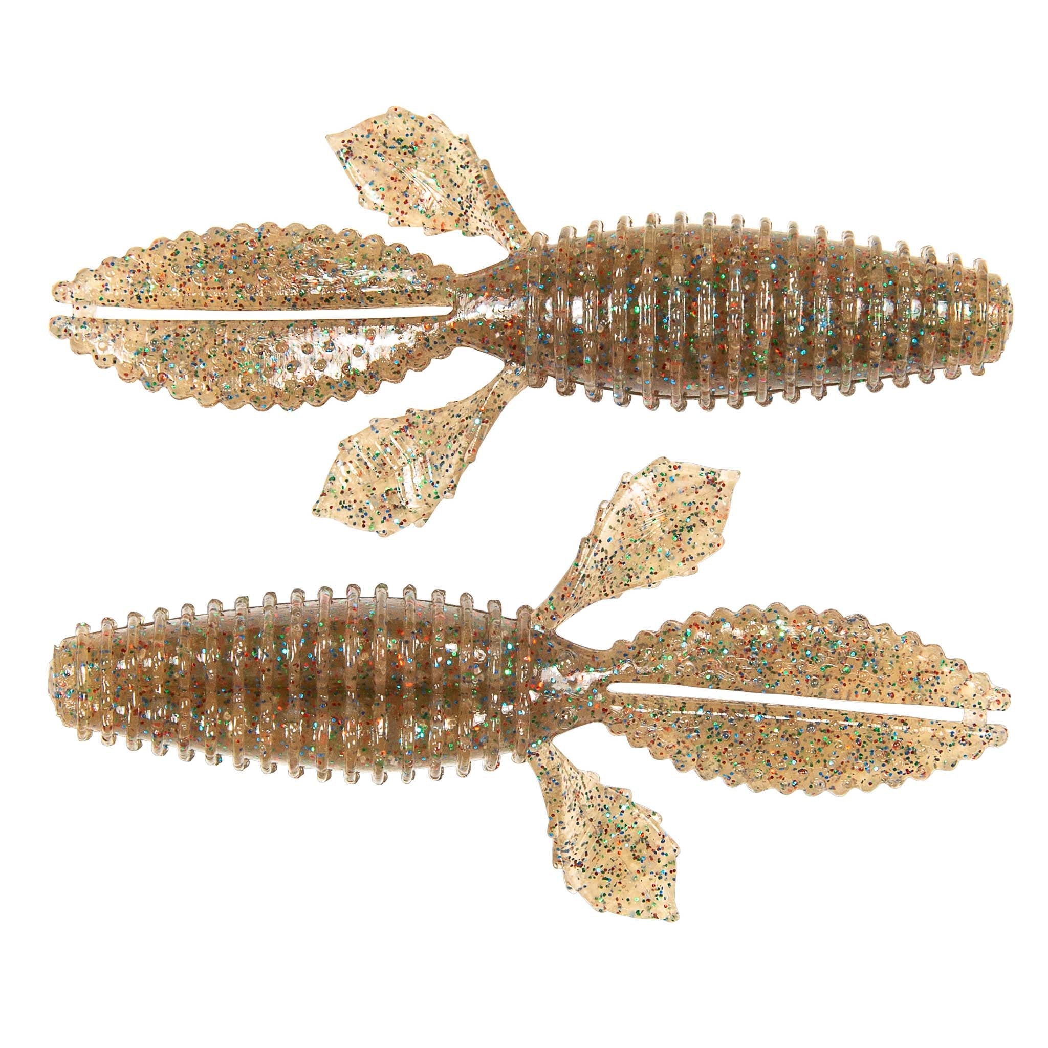 Tan-gold glitter speckled ribbed soft plastic worm baits with fin-like tail, two pieces