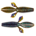 Dark green glitter speckled ribbed soft plastic worm baits with purple fin tail, two
