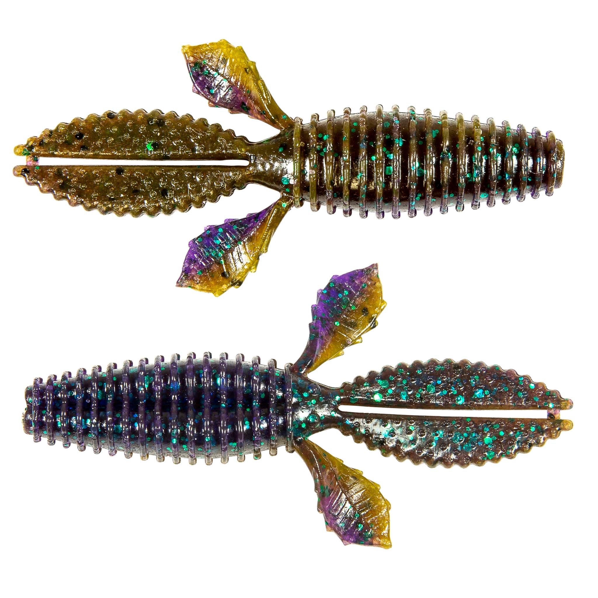 Dark green glitter speckled ribbed soft plastic worm baits with purple fin tail, two